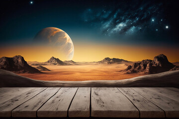Empty wooden table with space landscape background. Generative AI