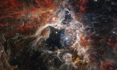 Field Galaxies Space Telescope First Photo. High Resolution Image. Futuristic Deep Space Constellation Mystery Cosmic Creativity Background Texture. 