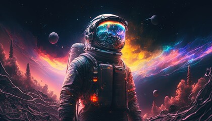 Vivid colorful illustrations of astronaut in space. Cosmos of galaxies generate ai.