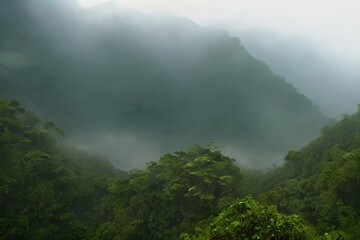  Misty morning in the mountains full of fog over the Jungle/Forest. Generative AI