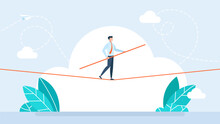 Business Risk And Professional Strategy Concept. Businessman Walks Over Gap As Tightrope Walker. Manage Business Risk. Businessman Walking Tightrope. Funambulist. Balance-master. Vector Illustration