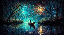 Paint Like Illustration Of A Paddle Row Boat At Night River, Generative Ai