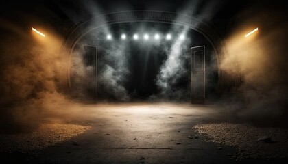 illustration of yellow white spotlights shine on stage floor in dark room, idea for background, back