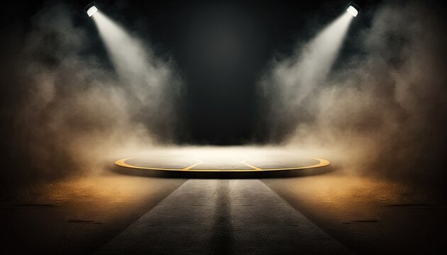 illustration of yellow white spotlights shine on stage floor in dark room, idea for background, backdrop, Generative Ai	
