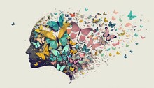 Double Exposure Silhouette Of Woman Profile And Butterflies Mental Health Women's Day Illustration Generative Ai	