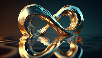 3D illustration of Endless John Wallis's Infinity symbol in gold - mathematical, the physical, and the metaphysical icon representing unlimited, endless, and boundless sign. Generative AI.