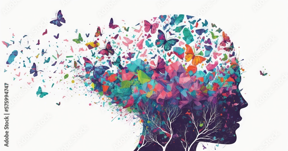 Double exposure silhouette of woman profile and butterflies mental ...