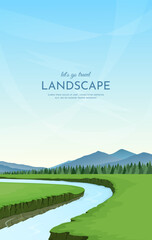 Wall Mural - summer landscape in the countryside. a river flowing between steep banks. wide green meadows. forest