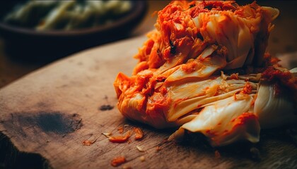 Wall Mural - close up kimchi in traditional kitchen on wooden table, Generative Ai