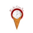 Ice cream in a waffle cone, with a clock, isolated on a white background. Ice cream time concept. Food. Dessert.