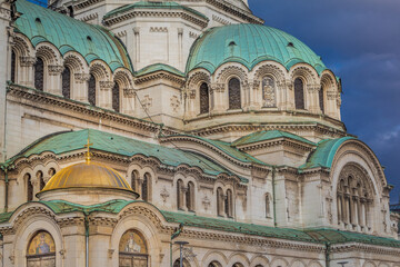 Wall Mural - Alexander Nevski cathedral square in Sofia at dramatic autumn sunset, Bulgaria