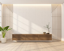 Japan Style Living Room Decorated With Minimalist Tv Cabinet, White Wall And Wooden Slat Wall Window. 3d Rendering