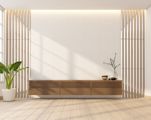 Wall Mural - Japan style living room decorated with minimalist tv cabinet, white wall and wooden slat wall window. 3d rendering