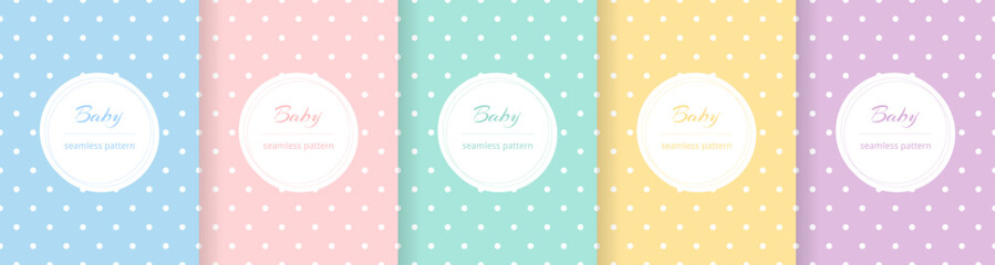 Poster - Cute baby seamless pattern. Repeating kid background. Girls and boys design fpr prints. Repeated simple dot texture. Repeat child cartoon. Set soft blue, pink, yellow, green color. Vector illustration