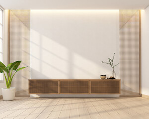 Wall Mural - Japan style living room decorated with minimalist tv cabinet, white wall and sliding wooden grating door. 3d rendering 