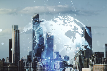 Aufkleber - Multi exposure of abstract software development hologram and world map on New York city skyscrapers background, global research and analytics concept