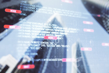 Poster - Multi exposure of abstract graphic coding sketch on modern architecture background, big data and networking concept