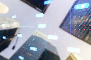 Poster - Abstract virtual coding concept on office buildings background. Multiexposure