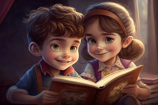 Cartoon style illustration of a smiling kid boy and smiling kid girl reading fairytale book - AI generative