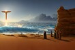 Biblical scene: Moses and his followers on the shore of the Red Sea, vision of a glowing cross above the waves. Generative AI