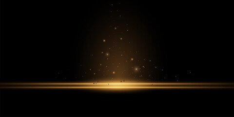 Gold lines, laser beams, bright light beams with sparkles, bokeh and dust on a black background. Vector illustration