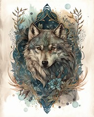 Naklejka na meble Ornamental watercolor painting of a wolf. Generative AI