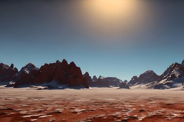 Wall Mural - desert landscape of cold planet, mountain landscape, snow. fantasy cold landscape. generative ai