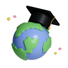 Wall Mural - Minimal background for online education concept. Blue globe with graduation hat isolated on background. 3d rendering illustration. Clipping path of each element included.