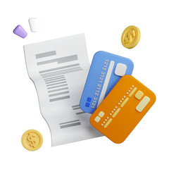 Poster - 3D credit card and receipt or bill on white background. With flying coins. 3d rendering illustration. Clipping path of each element included.