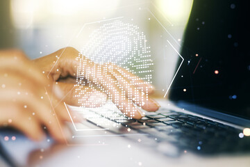 Fototapete - Abstract creative fingerprint illustration with hands typing on laptop on background, personal biometric data concept. Multiexposure