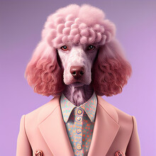 Realistic Lifelike Poodle Dog Doggy Puppy In Retro Vintage Pastel Colourful, Mod Twiggy Seventies Era, Commercial, Editorial Advertisement, Surreal Surrealism	