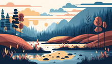  Wetland - Minimalistic Flat Design Landscape Illustration. Image For A Wallpaper,  Background,  Postcard Or Poster. Generative AI