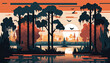 Bayou - Minimalistic flat design landscape illustration. Image for a wallpaper, background, postcard or poster. Generative AI