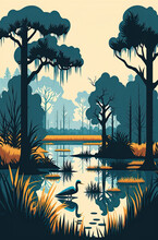 Bayou - Minimalistic Flat Design Landscape Illustration. Image For A Wallpaper, Background, Postcard Or Poster. Generative AI