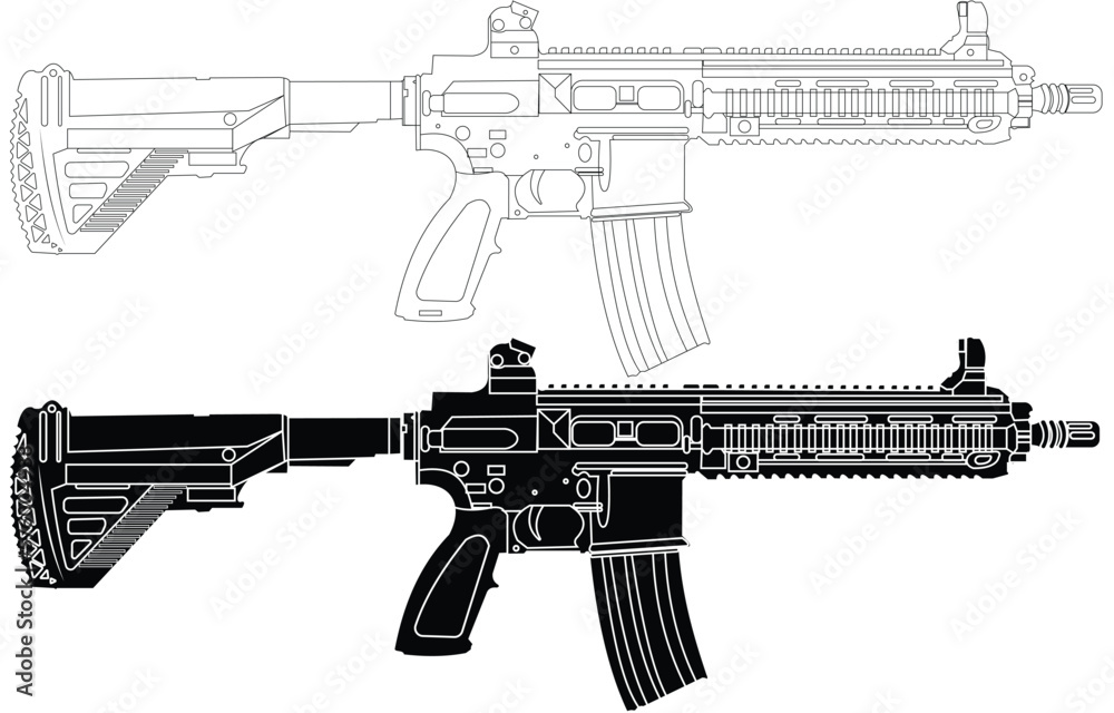 HK416 vector illustration with outline and silhouette. Stock