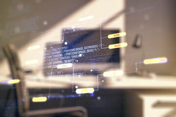 Aufkleber - Multi exposure of abstract graphic coding sketch and modern desktop with pc on background, big data and networking concept