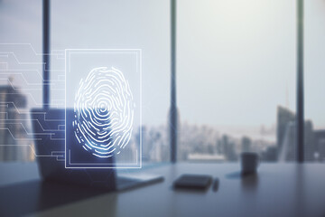 Aufkleber - Double exposure of abstract creative fingerprint hologram and modern desk with computer on background, protection of personal information concept