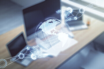 Aufkleber - Creative abstract robotics technology hologram with globe and modern desktop with pc on background, artificial intelligence and machine learning concept. Multi exposure