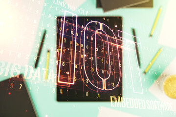 Poster - Double exposure of creative IOT hologram and digital tablet on background, top view, research and development concept