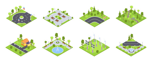 Urban landscape 3d tiles. Isometric street road, city park environment, road signs and street gardening three dimensional vector illustration collection