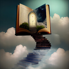 Wall Mural - generative ai: stairway in the sky entering a storybook in the clouds