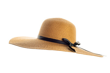 Womens summer yellow straw hat with black ribbon on white background