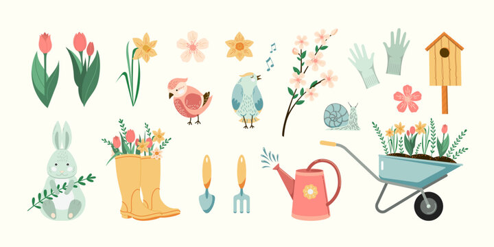 spring gardening outdoor illustrations set. vector plants, flowers, birds and garden tools seasonal 