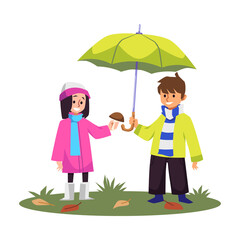 Wall Mural - Cute kids walking under umbrella and picking mushrooms, flat vector illustration isolated on white background.