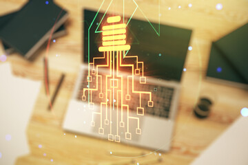 Aufkleber - Creative light bulb illustration with microcircuit on modern computer background, future technology concept. Multiexposure