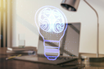 Aufkleber - Creative light bulb with human brain hologram on modern laptop background, artificial Intelligence and neural networks concept. Multiexposure