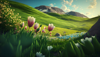 Idyllic spring landscape with rolling green hills and tulip flowers. Generative ai