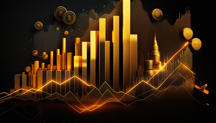 Wall Mural - A stunning abstract background of growing stock charts and piles of gold coins - ai generated.