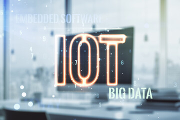 Poster - Double exposure of creative IOT hologram on laptop background, research and development concept