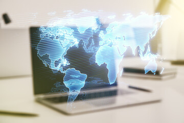 Poster - Abstract creative digital world map on modern computer background, globalization concept. Multiexposure